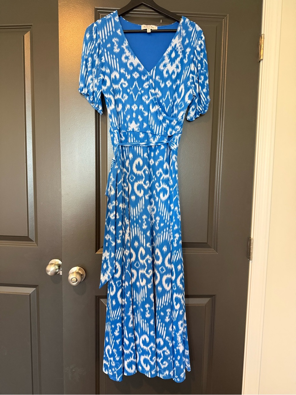 Blue Ikat Wrap Maxi Dress with Tie Waist - Women